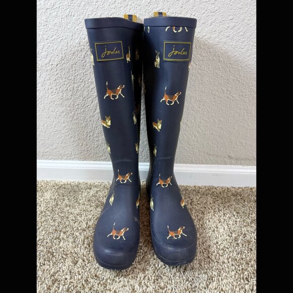 Joules Shoes - Joules Tall Navy Blue Rainboots Dogs Waterproof 2016 Heel British Gardening 39 8
